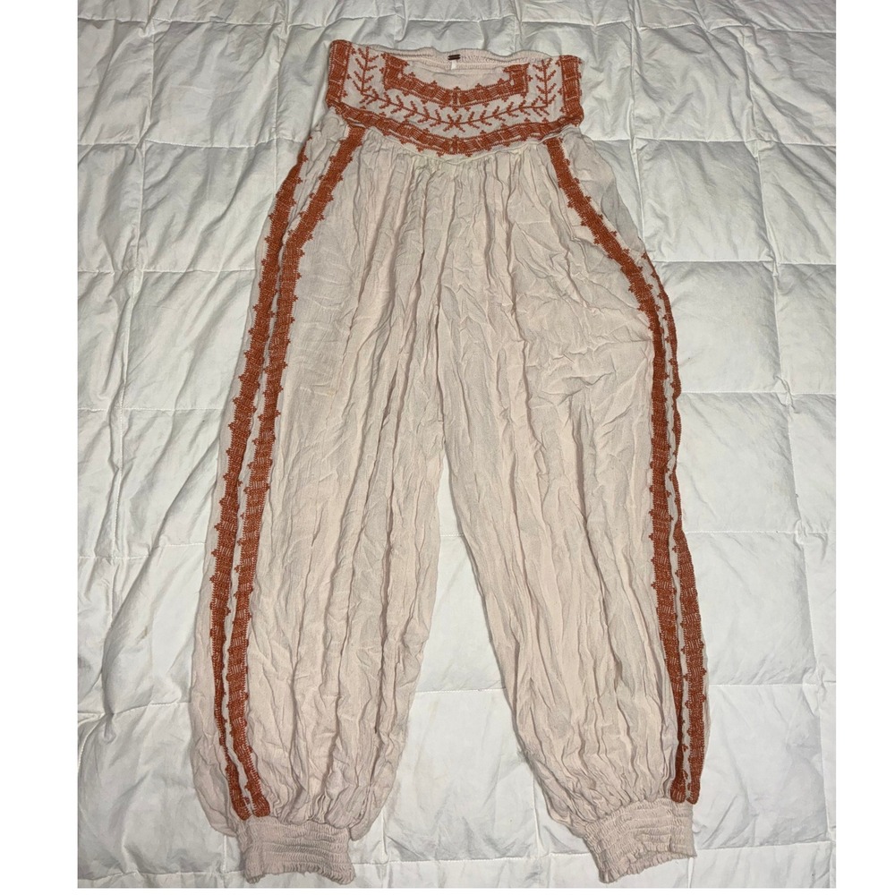 Free People Harem Pants Small Cream Rust Orange Embroidered Smocked Gauze Boho